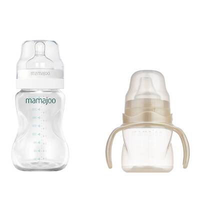 Mamajoo Silver Feeding Bottle 250ml & Non Spill Training Cup Pearl 160ml with Handle