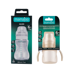 Mamajoo Silver Feeding Bottle 250ml & Non Spill Training Cup Pearl 160ml with Handle - Thumbnail