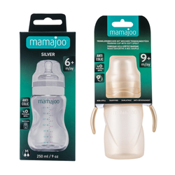 Mamajoo Silver Feeding Bottle 250ml & Non Spill Training Cup Pearl 270ml with Handle - Thumbnail