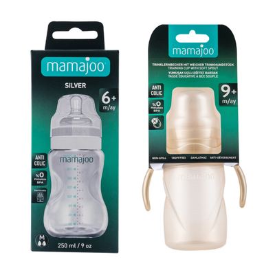Mamajoo Silver Feeding Bottle 250ml & Non Spill Training Cup Pearl 270ml with Handle