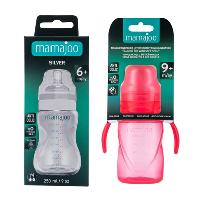 Mamajoo Silver Feeding Bottle 250ml & Non Spill Training Cup Pink 270ml with Handle