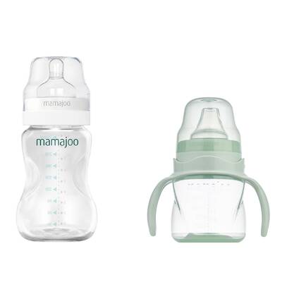 Mamajoo Silver Feeding Bottle 250ml & Non Spill Training Cup Powder Green 160ml with Handle