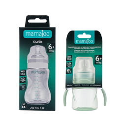 Mamajoo Silver Feeding Bottle 250ml & Non Spill Training Cup Powder Green 160ml with Handle - Thumbnail