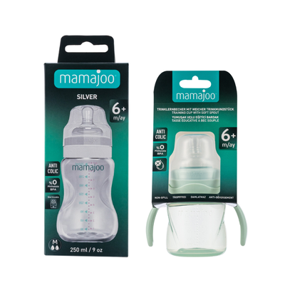 Mamajoo Silver Feeding Bottle 250ml & Non Spill Training Cup Powder Green 160ml with Handle