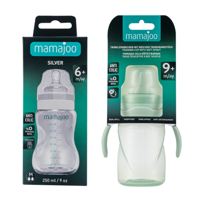 Mamajoo Silver Feeding Bottle 250ml & Non Spill Training Cup Powder Green 270ml with Handle