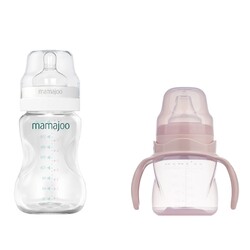  - Mamajoo Silver Feeding Bottle 250ml & Non Spill Training Cup Powder Pink 160ml with Handle