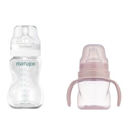 Mamajoo Silver Feeding Bottle 250ml & Non Spill Training Cup Powder Pink 160ml with Handle - Thumbnail