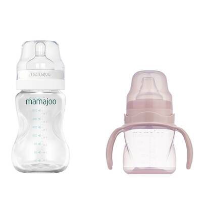 Mamajoo Silver Feeding Bottle 250ml & Non Spill Training Cup Powder Pink 160ml with Handle