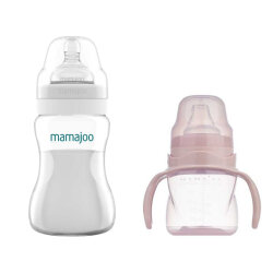 Mamajoo Silver Feeding Bottle 250ml & Non Spill Training Cup Powder Pink 160ml with Handle - 1