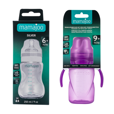 Mamajoo Silver Feeding Bottle 250ml & Non Spill Training Cup Purple 270ml with Handle