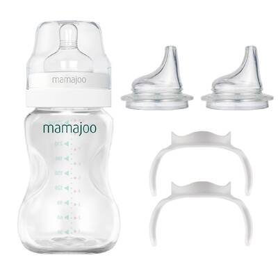 Mamajoo Silver Feeding Bottle 250ml & Training Cup Bottle Handles & Anticolic Soft Spout 2-pack & Storage Box