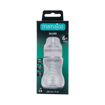 Mamajoo Silver Feeding Bottle 250ml & Training Cup Bottle Handles & Anticolic Soft Spout 2-pack & Storage Box