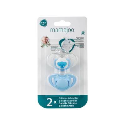 Mamajoo Sterilizasyon & Saklama Kutulu Silikon Ortodontik İkili Emzik Mavi Fil / 12 ay +