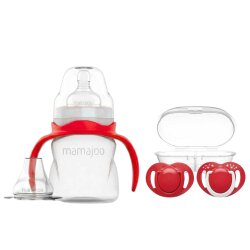 Mamajoo Kulplu Antikolik Alıştırma Biberonu 160 Ml & Ortodontik Emzik Seti | Kırmızı & Beyaz, 12 Ay + - Mamajoo